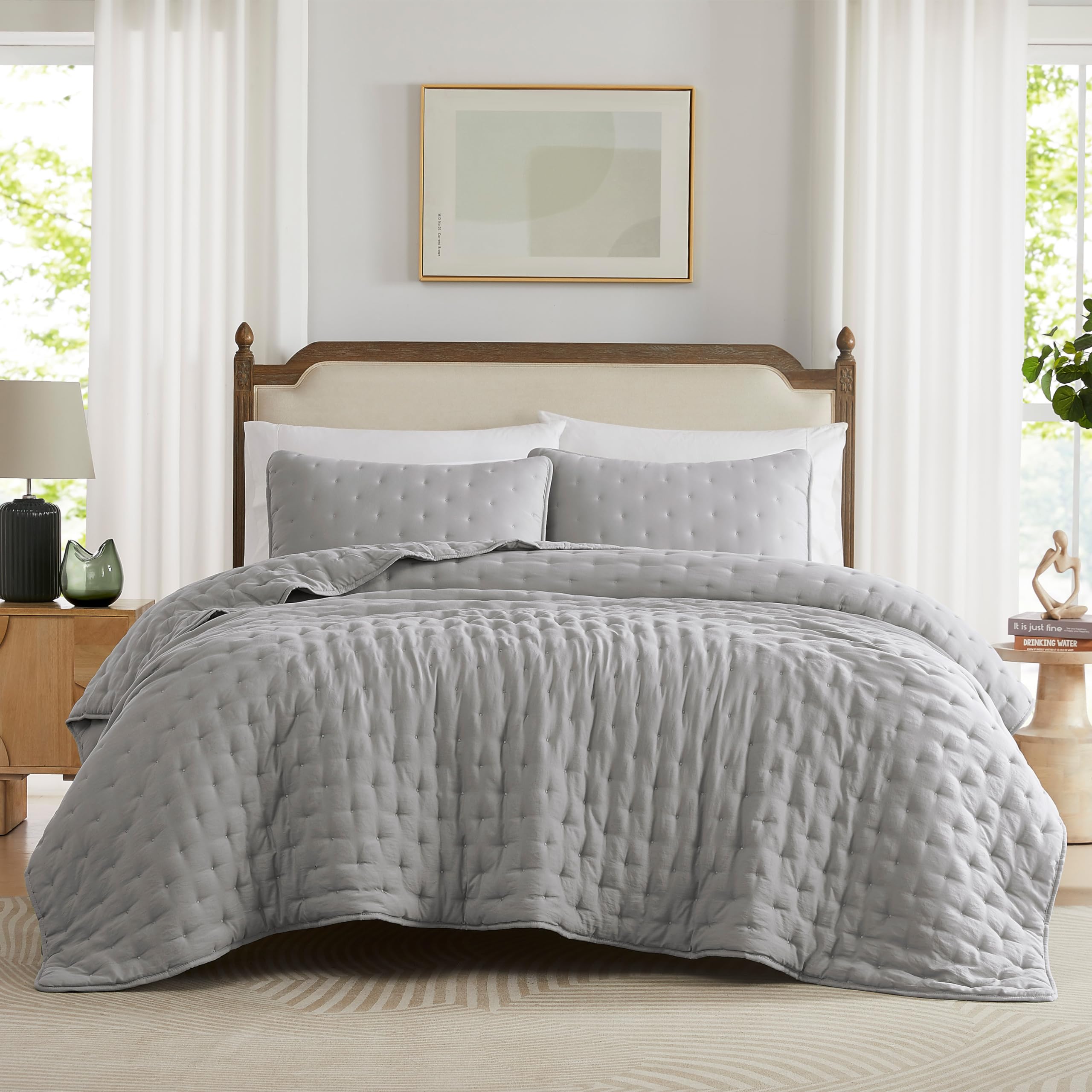 Wdcozy Dark Grey Cloud California Cal King Size Quilt Bedding Sets With Pillow Shams, Oversized Puffy Cozy Lightweight Bedspread